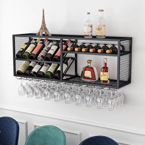 YZJJ Hängend Weinregal zur Wand, Getränkeregal Weinglashalter mit Glasregal, Barregal Flaschenregal Rotweinregal, Weinhalter Getränkeregal Deckenregal für Hausbar, Esszimmer, Küche(Nero,150CM/59IN)