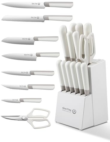 Messerset mit Block Weiß Küchenmesser Set: 14 Teilig Messer Set Fashion Messerblock mit Schärfer Kochmesser Scharfe, Geschenk für Mama