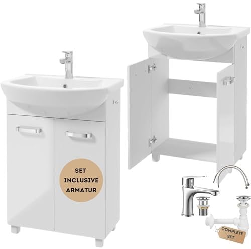 .Deftrans waschbecken mit unterschrank stehend Badmöbel Set 85x60x40 cm, weißer Hochglanz, Waschbeckenunterschrank mit Waschbecken und Armatur mit klick-Stecker, Badezimmer waschbeckenschrank