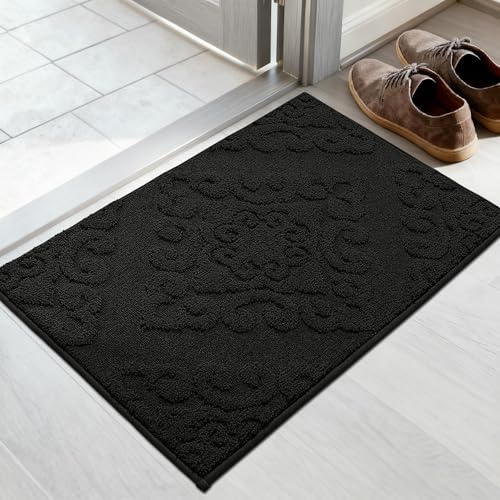 COSY HOMEER Fußmatte Innen 50 x 80 cm, Schmutzfangmatte Schwarz | Dezentes florales Reliefmuster, waschbar und rutschfest, saugfähiges Polyester, für Flur und Haustür