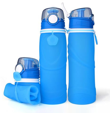 Qacpahucy Botellas de Agua de Silicona Plegables 750ml – Sin BPA Botella Plegable – Botellas de Agua Plegables a Prueba de Fugas Para el Aire Libre y Deportes (Azul)