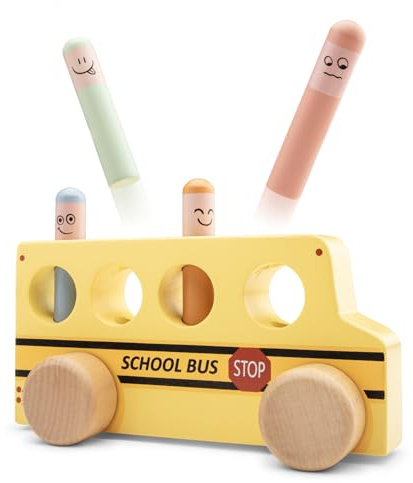 Woet Pop-up-skolbuss i trä med 4 figurer | Leksaksskolbuss, Rullande fordon, Pop-up-aktivitetsleksak, Orsak och verkan, Pedagogisk leksak, Finmotorik, Från 2 år