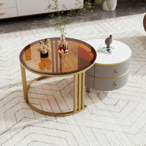 Table basse ronde 2 en 1 en MDF, table d'appoint avec 1 plateau brillant et 1 plateau en verre trempé marron, combinaison de table basse de salon avec 2 tiroirs, 70*70*45 + 50*50*40 cm (Grey)