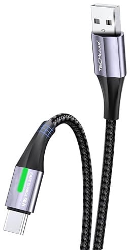 TECHGEAR 60W USB C Charger Cable 1M 3A Type C Fast Charging Braided USB A to USB-C LED Light Indicator Phone Charger Cable for iPad 2024, iPhone 16/15 Pro, S25 S24 Ultra, Pixel 9, PS5, Switch etc