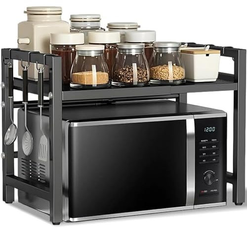 FANFX Microwave Shelf,2 Tier Adjustable Over Microwave Shelf Unit,Microwave Stand with Cutting Board Rack & 6 Hooks,Carbon Steel Kitchen Shelf Organizer for Countertop,Pots,Pans&Cutting Boards(Black)