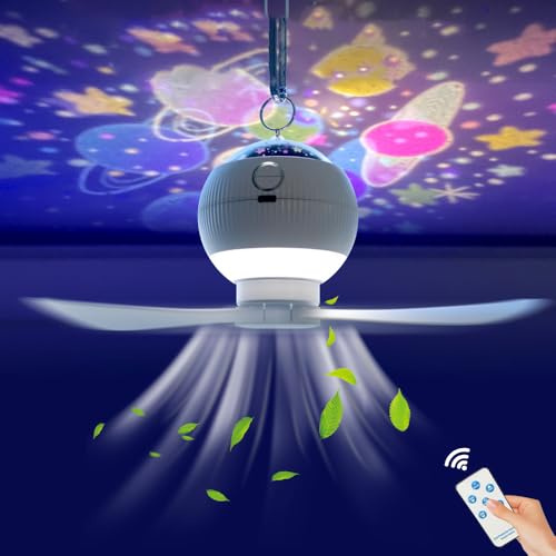 LED Akku Camping Ventilator, ferngesteuerter Lampenventilator mit Beleuchtung und Projektion,Tragbarer Einstellbar 3 Windstufen Campingventilator,Hängende Campinglampe für Den Garten Zelte Angeln