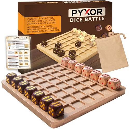 PYXOR DICE Battle – Premium Holz‐Strategiespiel mit Würfeln für 2 Personen | Schachbrett Bambus, Schach & Dame neu erfunden, Denkspiel, Erwachsene Familien, gravierte Würfel, nachhaltige Geschenkidee