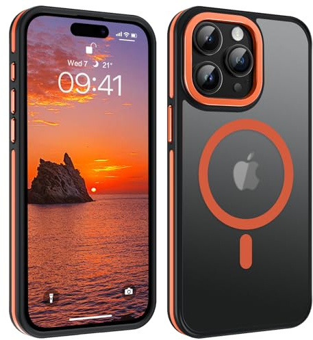 Telaso Magnetische für iPhone 15 Pro Max Hülle, kompatibel mit MagSafe, Magnetkraft Handyhülle iPhone 15 Pro Max Case, rutschfest Matte Rückseite Touch Schutzhülle Stoßfest Cover, Orange