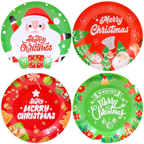 TULEBOLIAN 40 Platos de Cartón Navidad, Platos de Navidad, Juego de Vajilla de Fiesta 7 Pulgadas, con Santa, Muñeco de Nieve y Alce, para Decoración de Mesa Navideña