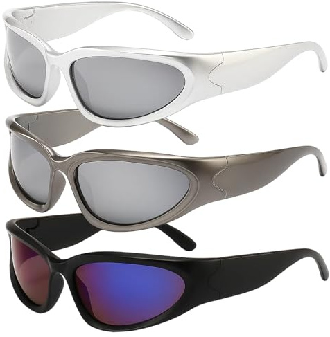 PjuQow 3er-Pack Y2K Rave Brille, Techno Brille, Y2k Accessoires, Leichtgewicht Wrap Around Uv400 Radsportbrillen, Für Partys, Musikfestivals und Cosplay, Zubehör für Outdoor-Sport