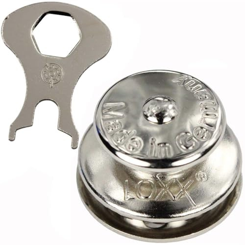 25 Stück LOXX Oberteil Knopf Groß für Stoff bis 2,5 mm - Messing vernickelt Made in Germany mit Schlüssel Schnellverschluss