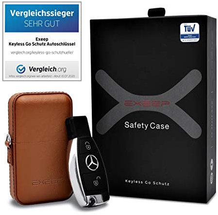 EXEEP® Keyless Go Schutz Autoschlüssel - TÜV geprüft - Zuverlässige Funkschlüssel Abschirmung - RFID Blocker Schlüsseletui Echt-Leder - Auto Diebstahlschutz Box - Designed in Germany - Braun