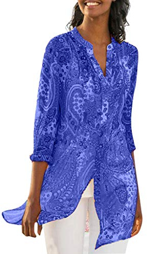 Lazzboy Women T-Shirt Tops Plus Size Chiffon Ethnic Floral Flower Print Beach Style Vintage Daily Ladies Loose Blouse(L(12),Dark Blue)
