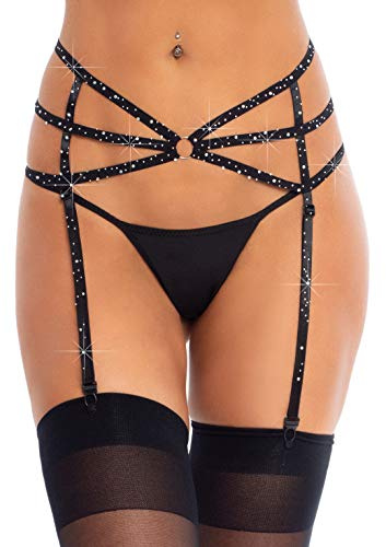 Leg Avenue Womens Elastic Rhinestone O-Ring Detail Cage Strap Sparkling Garter Belt Lingerie Bottoms