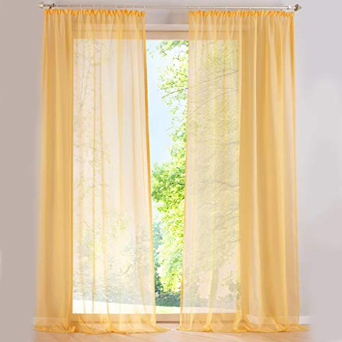 SIMPVALE 2er Set Vorhang durchsichtig Einfarbig Voile-Vorhänge mit Schienenhaken für Gardinen Schlafzimmer Wohnzimmer Balkon, Gelb, 140X175 cm
