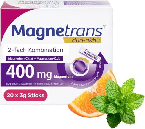 Magnestrans Duo-Aktiv 400mg - Magnesiumgranulat zur Einnahme ohne Flüssigkeit – mit der 2-fach Kombination Magnesium-Citrat und Magnesium-Oxid - 1 x 20 Sticks