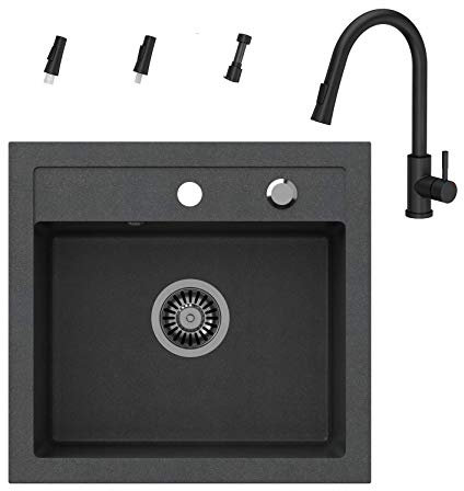 VBChome Spülbecken + Armatur 50 x 47 cm Schwarz Spüle Einzelbecken Küche Einbauspüle Verbundspüle Küchenspüle gesprenkelt + Siphon Waschbecken