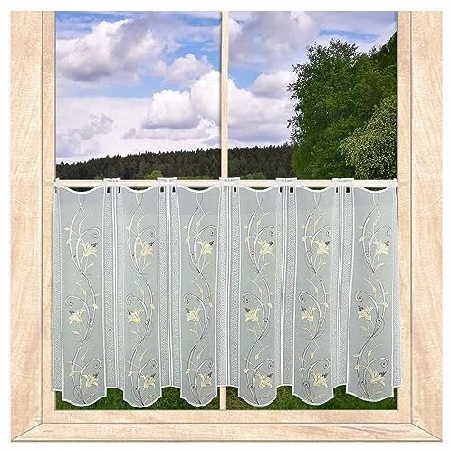 atelier alles-Spitze Elegante Blumen-Scheibengardine Blütenranke – feine echte Plauener Stickerei in Beige-Tönen 55 x 112 cm