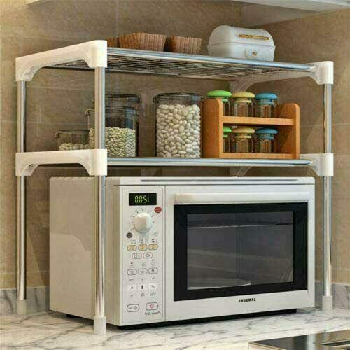 RHP Kitchen Shelf Microwave Holder Metal Shelf 2 Shelves Cupboard Spice Rack with Hooks