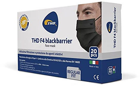 THD Mascherine di Alta Qualità, Inodori e Prive di Contaminanti, con 4 Strati Filtranti e Nasello Antiappannamento, Total Black, Pack 20