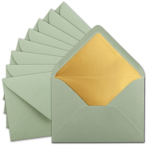 10x DIN C5 Kuverts 15,7 x 22,5 cm in Eukalyptus (Grün) mit goldenem Seidenfutter - Nassklebung - Blanko Brief-Umschläge - Post-Umschläge ohne Fenster im C5 Format - Marke: GUSTAV NEUSER