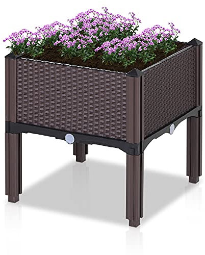 Taylor & Brown Elevated Plastic Raised Garden Bed Planter Box Kit Rattan Effect For Flower Vegetable Herbs With Self Water Design & Drainage Holes - Brown