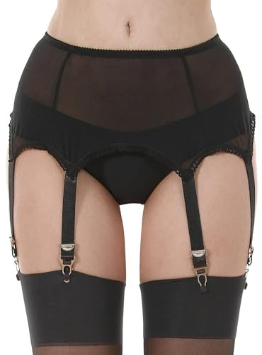 KLONKEE - Reggicalze sexy in pizzo con 6 cinghie larghe clip in metallo per le donne (reggicalze vendute separatamente dalle calze), Reggicalze in rete nera, M
