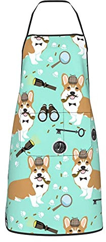 MSINCUDJ Küchenschürzen,Corgi Detective Sherlock Dog Bright Kochschürze mit Taschen,wasserdichte Kochschürze Verstellbares Lätzchen für Unisex