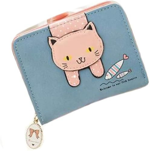Bymivofun Süße Katzen Geldbörse, PU Leder Katzen Geldbörsen, kleine Münzkarte, Foto Geldbörse, für Geschenke, Mädchen, Frauen, Freunde, Jubiläum (Blau)