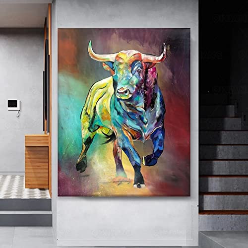 Xinmei Art Abstrakter bunter Stier auf Leinwand, moderne Tierdrucke und Poster, Graffiti-Kunst, Wandkunst, Bild, Wohnzimmerdekoration, 90 x 123 cm, mit Rahmen