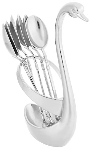 MAGICLULU Ice Cream Spoon Coffee Spoon Set with Swan Base Holder 6Pcs Dessert Spoons with Organizer Dessert Flatware Set for Tea Coffee Ice Cream Cake Sugar Silver Espresso Spoons