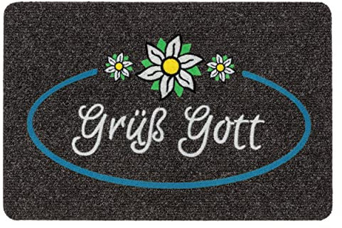 Astra Fussmatte innen mit Motiven - Passt unter die Eingangstür - Schmutzfangmatte strapazierfähig - Indoor Türmatte rutschfest - 40x60 cm Grüß Gott grau