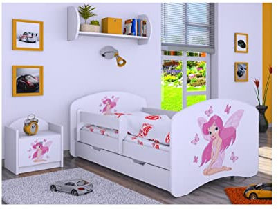 BDW Kinderbett mit Matratze und Bettkasten - NEU, 140/160/180/190 Verschiedene Motive Für Junge Weiß (Prinzessin mit Schmetterlingchen, 160x80)