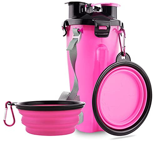 MOACC 800ml Tragbare Wasserflasche und Futterflasche 2-in-1 Trinkflasche mit 2 Faltschüsseln für Hunde, Hundenapf Faltbar Wassernapf für Camping, Spaziergang, Wandern und Training (Rosa)