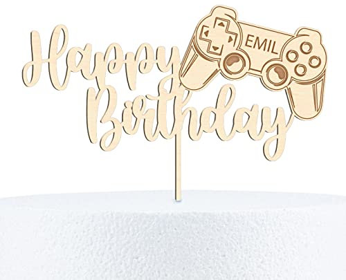 Cake Topper Happy Birthday Controller Motiv Tortenstecker Kuchenstecker aus Holz personalisiert mit Wunschnamen - 15, 20 & 25 cm Höhe, Größe: 15 cm, Material: Birke Multiplex