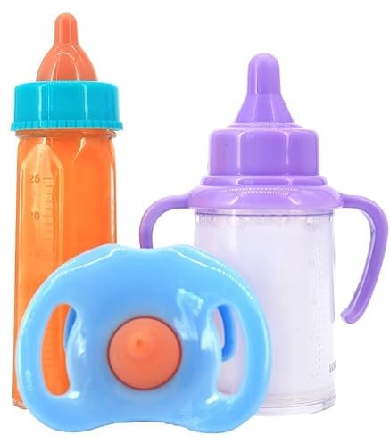Magic Baby Doll Bottles, Magic Milk Disappearing Milk and Juice, Baby Doll Accessories, Toy Baby Doll Feeding Set, Blue, 3 Piece Assortment (Bottle_001)
