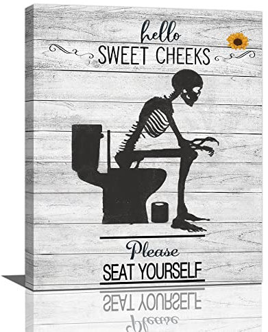 Lustige BadezimmerWandkunst Skelett Totenkopf Badezimmer Wanddekoration Gothic Skelett auf Toilette Bilder Bauernhaus Badezimmer Schild Please Sit Yourself Leinwand Gemälde Kunstwerke gerahmt Wc Bar