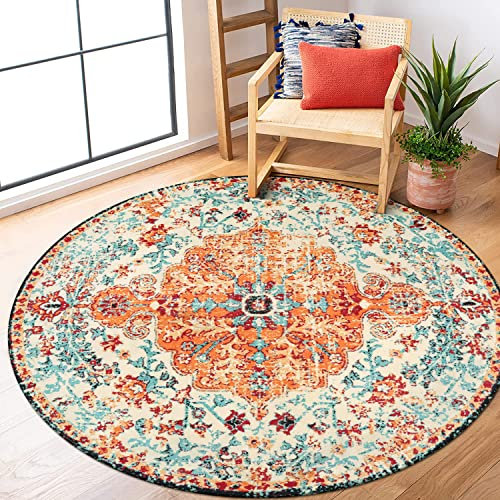 Lahome Waschbarer, runder Teppich, 1,6 m, Orange Boho-Teppiche für Wohnzimmer, Eingangsbereich, runder Vorleger, Blumen-Medaillon, weich, rutschfest, für Schlafzimmer, Esszimmer, Couchtisch