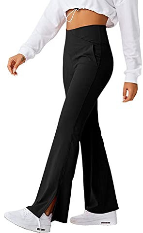 TTPSRY Yogahose Damen Lang Schlaghose mit Taschen High Waist Sporthose Fitness Activewear Hosen Jazzpants Bootcut Freizeithose (Schwarz/L)