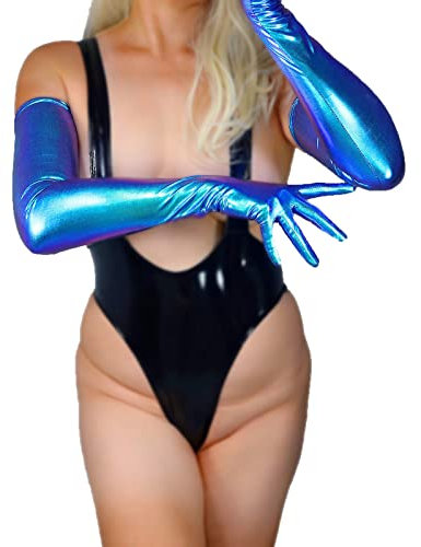 DooWay Holografische Abendhandschuhe für Damen, dehnbar, 70 cm, super lang, metallische Handschuhe für Kostüm, Rave, Dace, Party, Holografisches Blau, 38