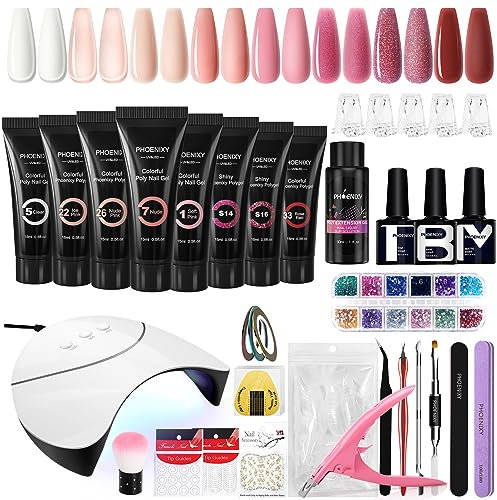 Kit Unghie Gel Completo, Phoenixy 8 Colori Rosa Gel Ricostruzione Unghie con Lampada per Unghie 36W U V/LED, Kit Ricostruzione Unghie Professionale con Base y Top Coat