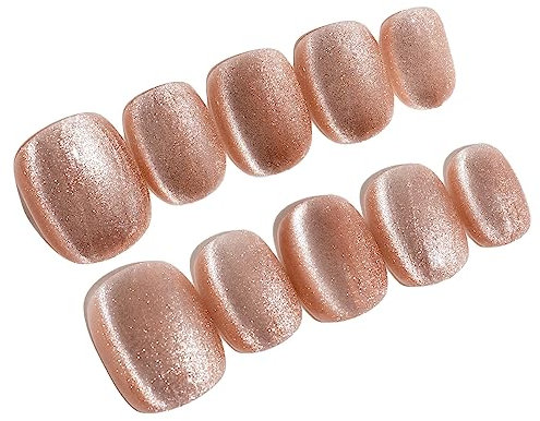 Sun&Beam Nails Handmade Press On Short Round with Flesh Color Cat Eye Design Charm Cute False Nail Tips 10 Pcs (#95 M)