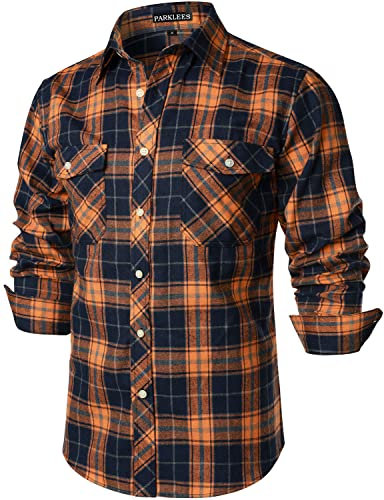 PARKLEES Herren Freizeithemden Regular Fit Button Down Check Kariert Flanellhemden mit Taschen PZLCL41 Orange S