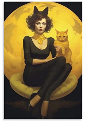 KONIEE Catwoman gelbe Katze Leinwand-Kunstposter Vollmond Nacht Fantasie Vintage Wandposter Schlafsaal Dekor Malerei Kunst