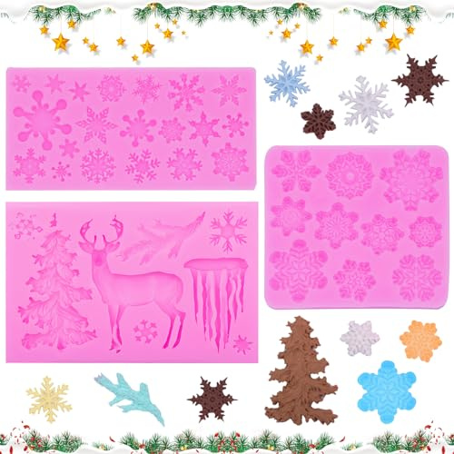Lets Joy Moule Silicone Noël - Lot de 3 pour Résine, Flocon de Neige 3D, Epoxyde, Chocolat et Bonbons