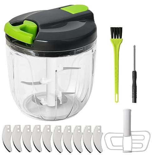 900ml Manual Food Chopper, K Kwokker Manual Food Processors Pull String with 10 Sharp 420 Stainless Steel Blades, Vegetable Chopper Shredder, Onion Slicer Cutter Dicer Grinder with Brush&Screwdriver