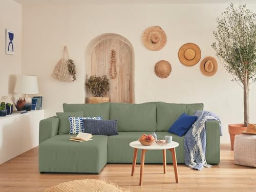 Topaze - 4-sitzer ecksofa beidseitig montierbar - schlaffunktion und Bettkasten - Cord Salbeigrün