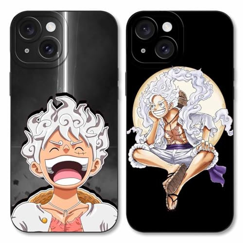2 Stück Handyhülle für Apple iPhone 15 Hülle 6.1'' Anime Luffy Zoro Gear 5 Sun God Nika Muster Design Manga Mode Case Kameraschutz Schutzhülle Stoßfest TPU Silikon Weich Ultra Dünn Schwarz4