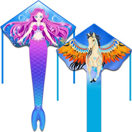 HONBO Delta-Drachen Kinder, Flugdrachen für Kinder ab 6,Meerjungfrauen- und Pegasus-Drachen für Jungen, Mädchen, Kinder, großer Delta-Stranddrachen für Spiele und Aktivitäten im Freien (2 Pack)