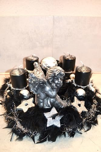 Adventskranz mit Engel Federn schwarz Silber 40 cm künstlich Weihnachten Adventsgesteck